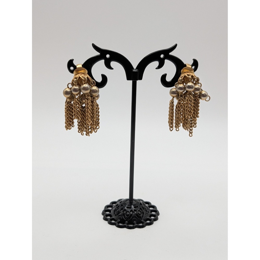 Vintage Gold Tone Filigree Tassel Clip On Earrings Mixed Metal Dangle Statement